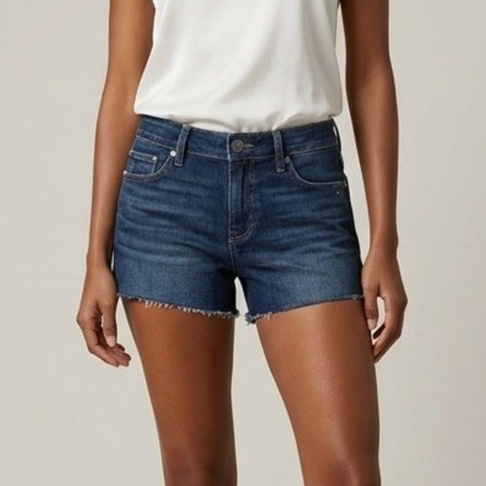 NWT Paige Bobby Mid Rise Denim Shorts‎ Dark Indigo Raw Hem Cutoff Women 28